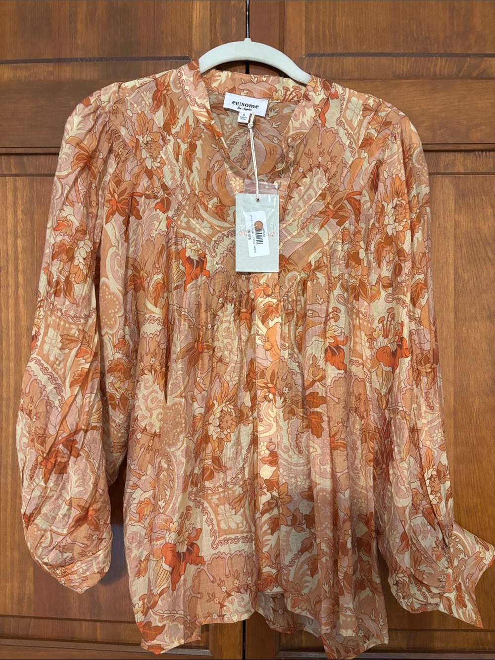 ecru Peach and Orange Floral Peasant Blouse